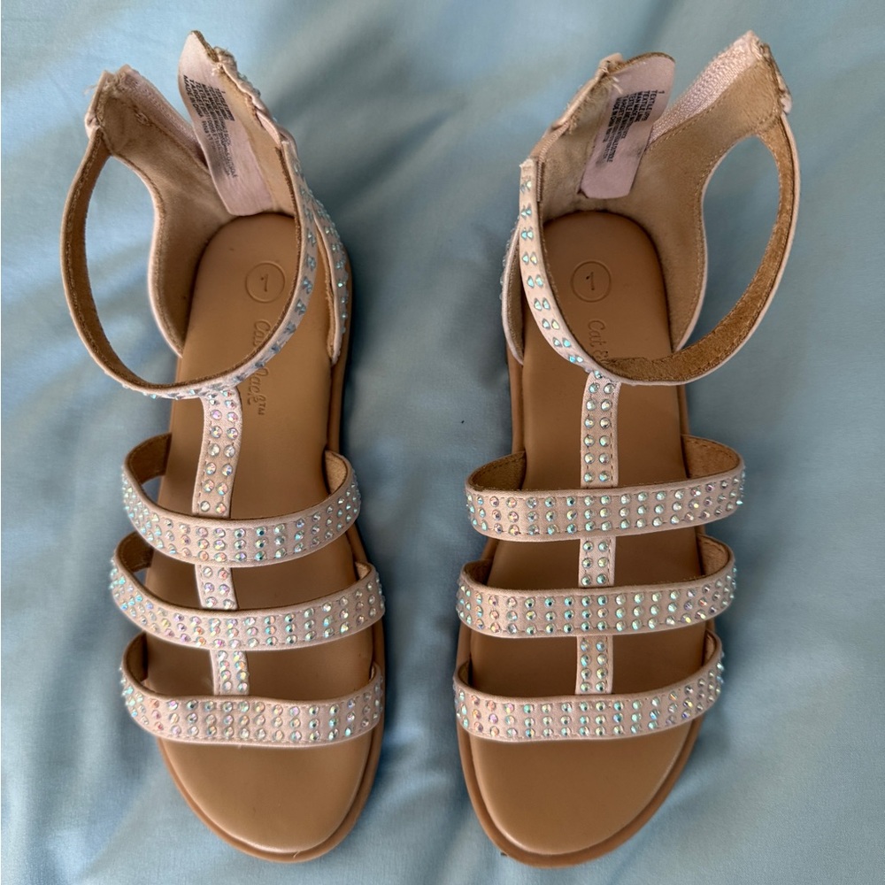 🌟Girls Tan Sandals with Jewel Accents